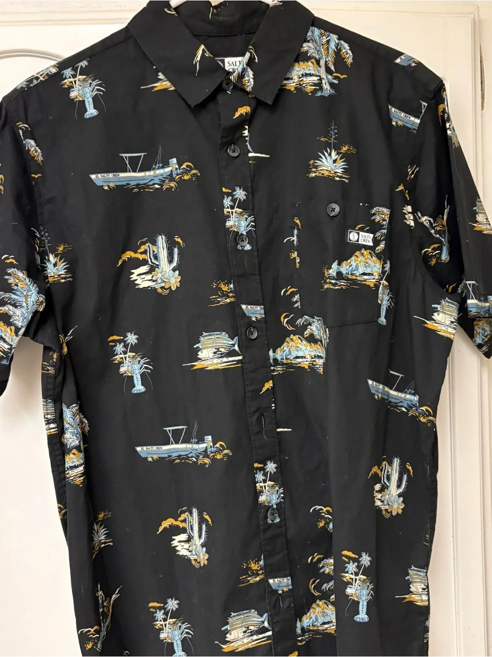Salty Crew Black Short-Sleeve Button-Up Shirt with Blue & Gold Tropical Print